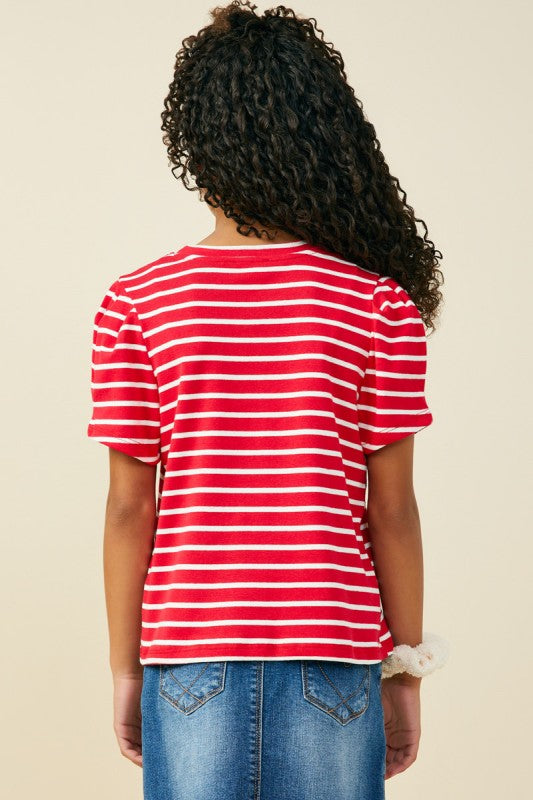 Girls Crimson Puff Sleeve Stripe Top