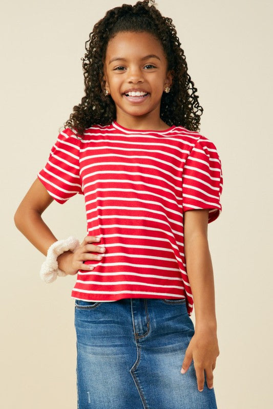 Girls Crimson Puff Sleeve Stripe Top