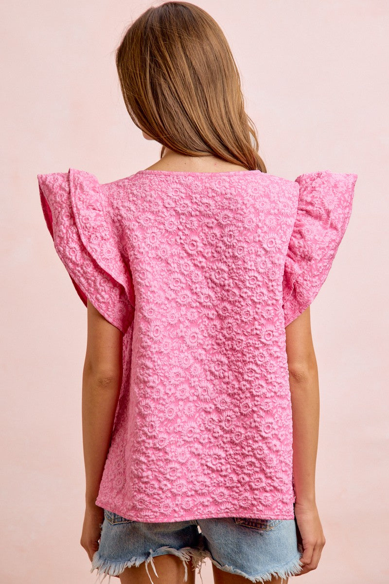 Hot Pink Flower Jacquard Ruffled Blouse Top