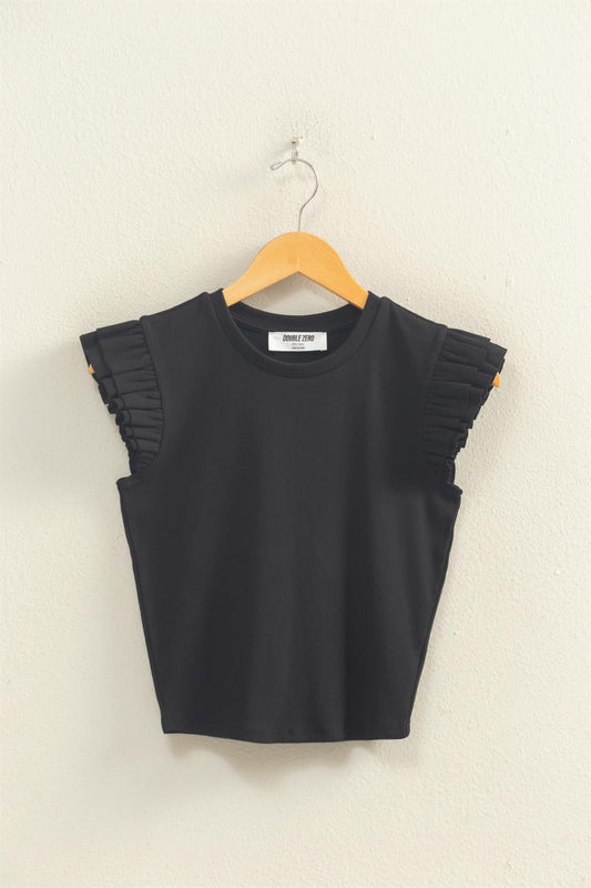 Flutter Sleeve Ribbed Cropped Top- Black