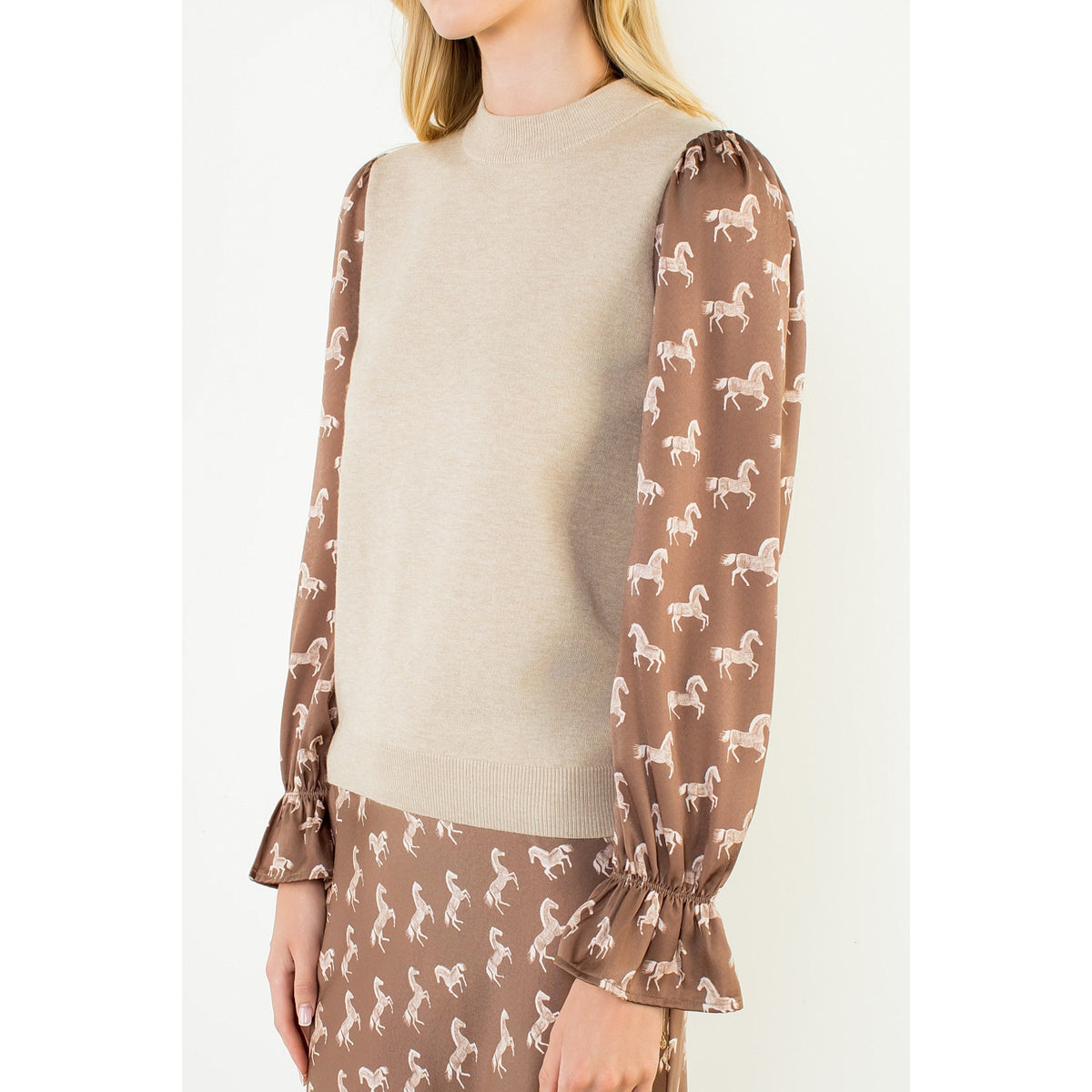 Horse Print Sleeve Top- Beige