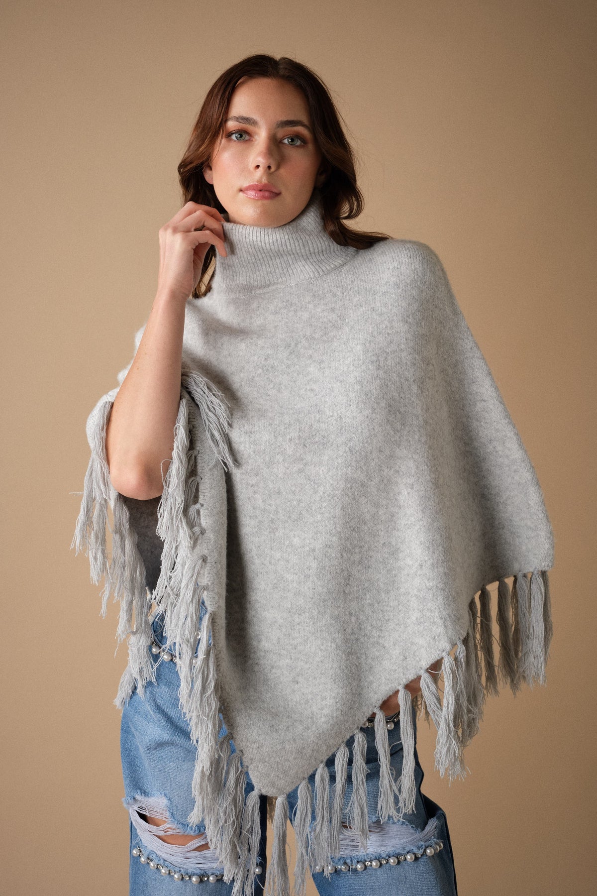 Cozy Turtleneck Fringe Poncho Sweater