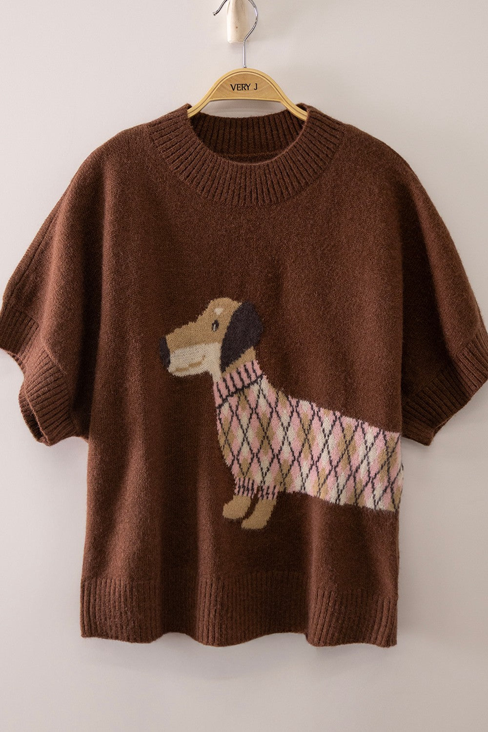 Dachshund Graphic Short Sleeve Sweater-Mocha