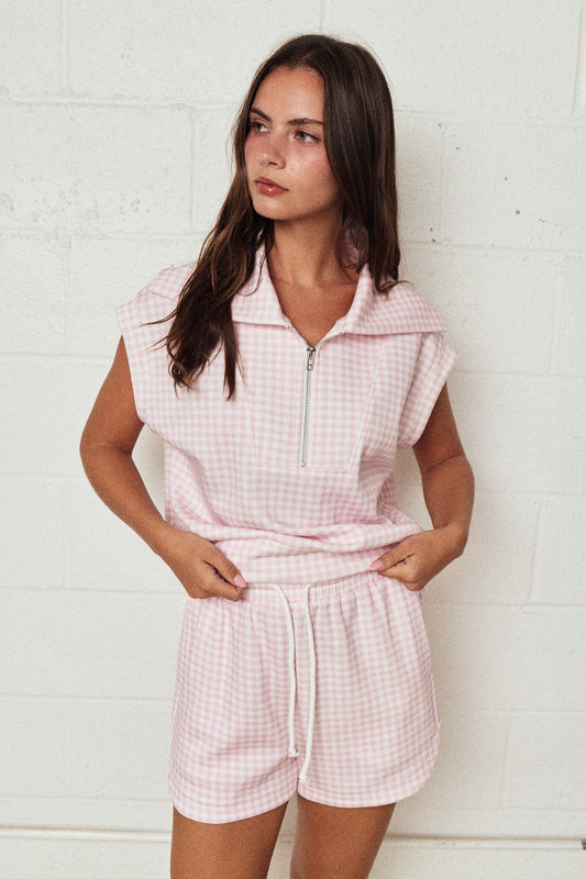 Pink Gingham Half Zip Short Set