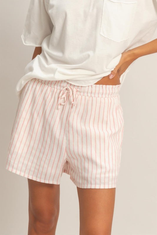 Striped Drawstring Shorts-Pink