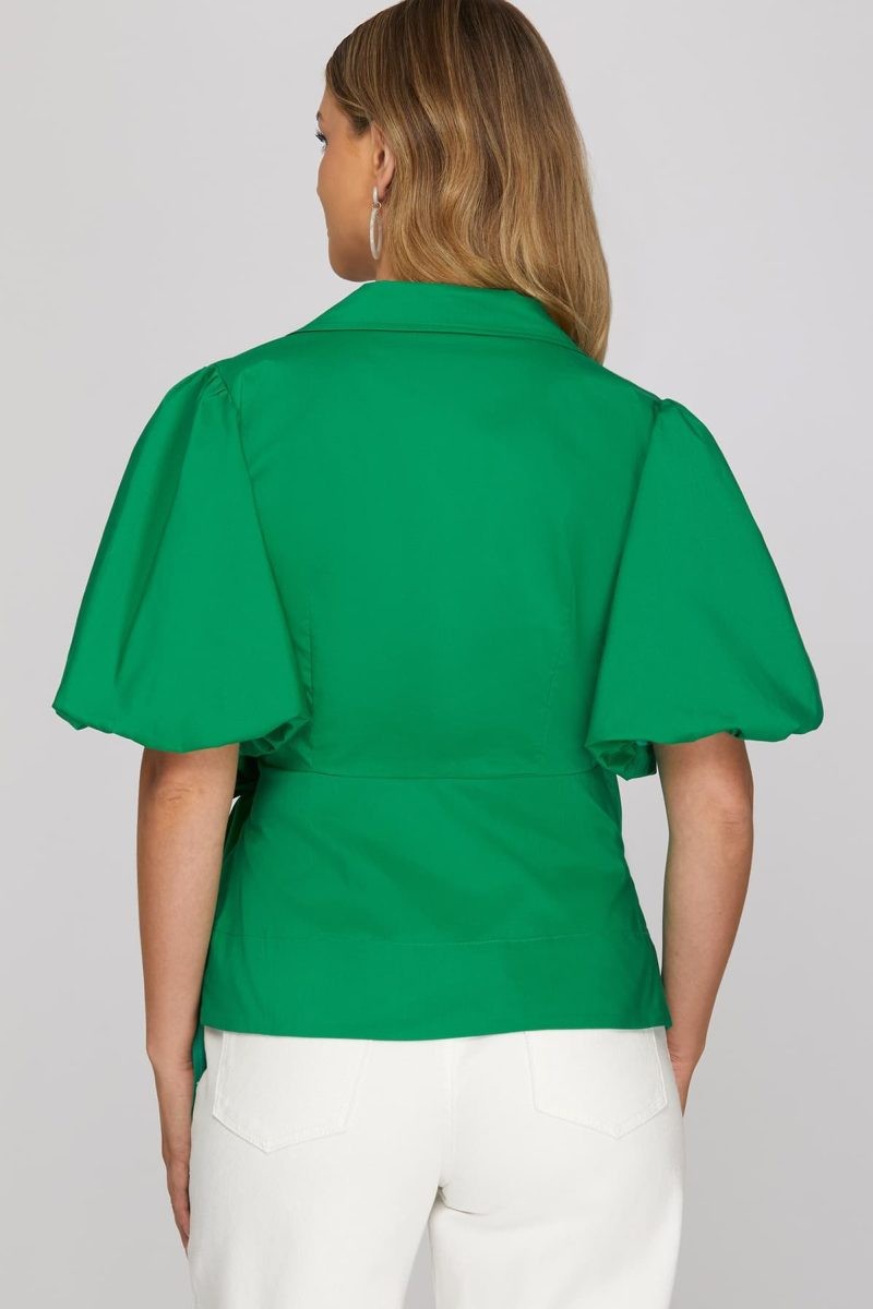 Surplice Side Tie Woven Top- Green