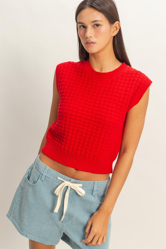 Red Textured Sleeveless Knit Top