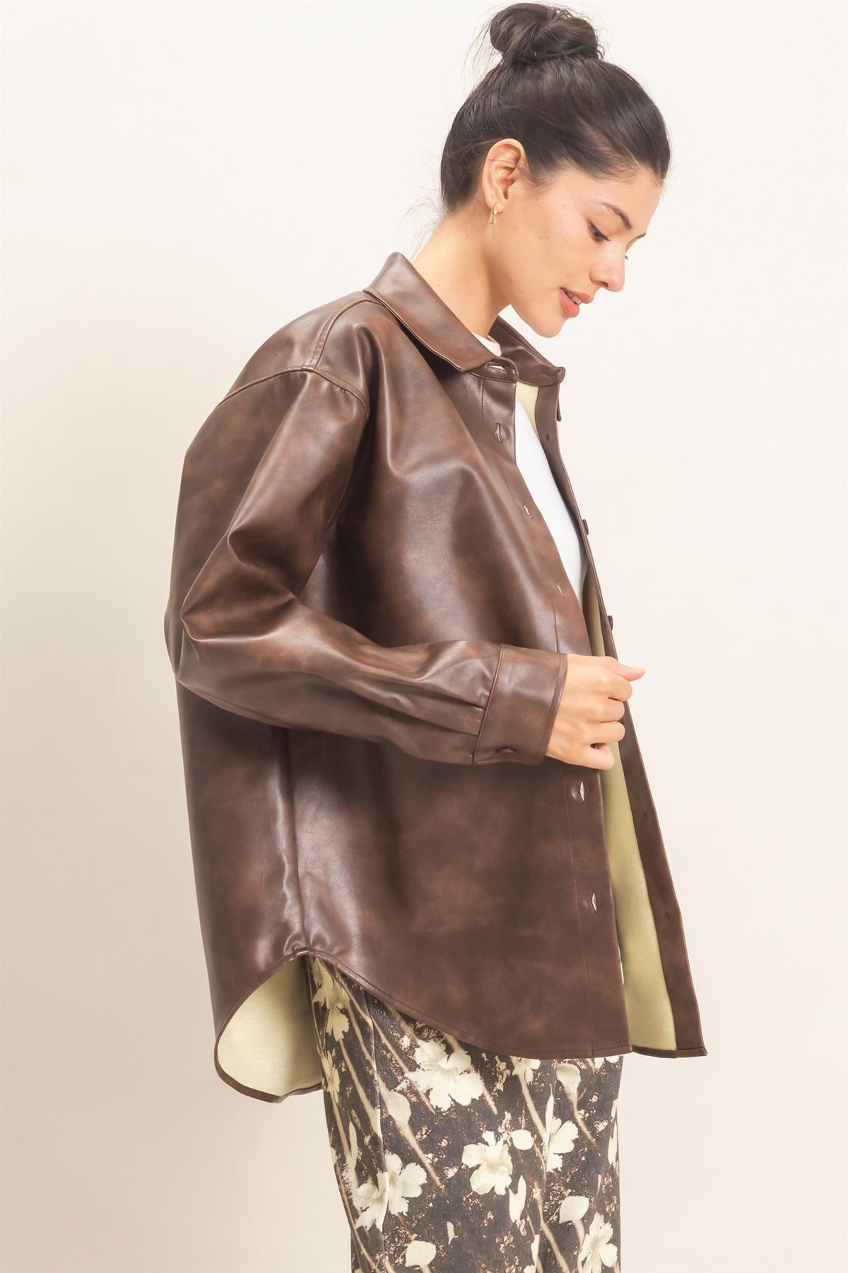 Faux Leather Button-Down Shirt- Brown