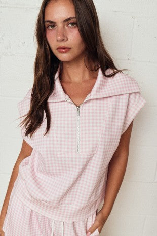 Pink Gingham Half Zip Short Set