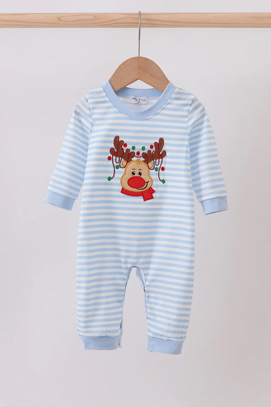Infant Blue Striped Reindeer Romper