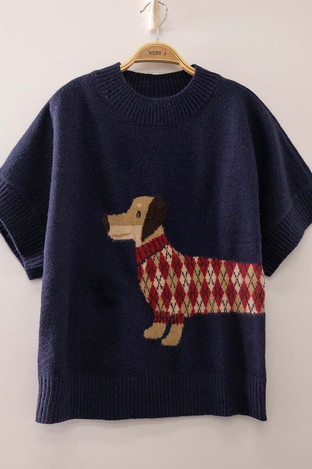 Dachshund Graphic Short Sleeve Sweater-Navy