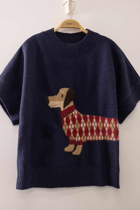 Dachshund Graphic Short Sleeve Sweater-Navy