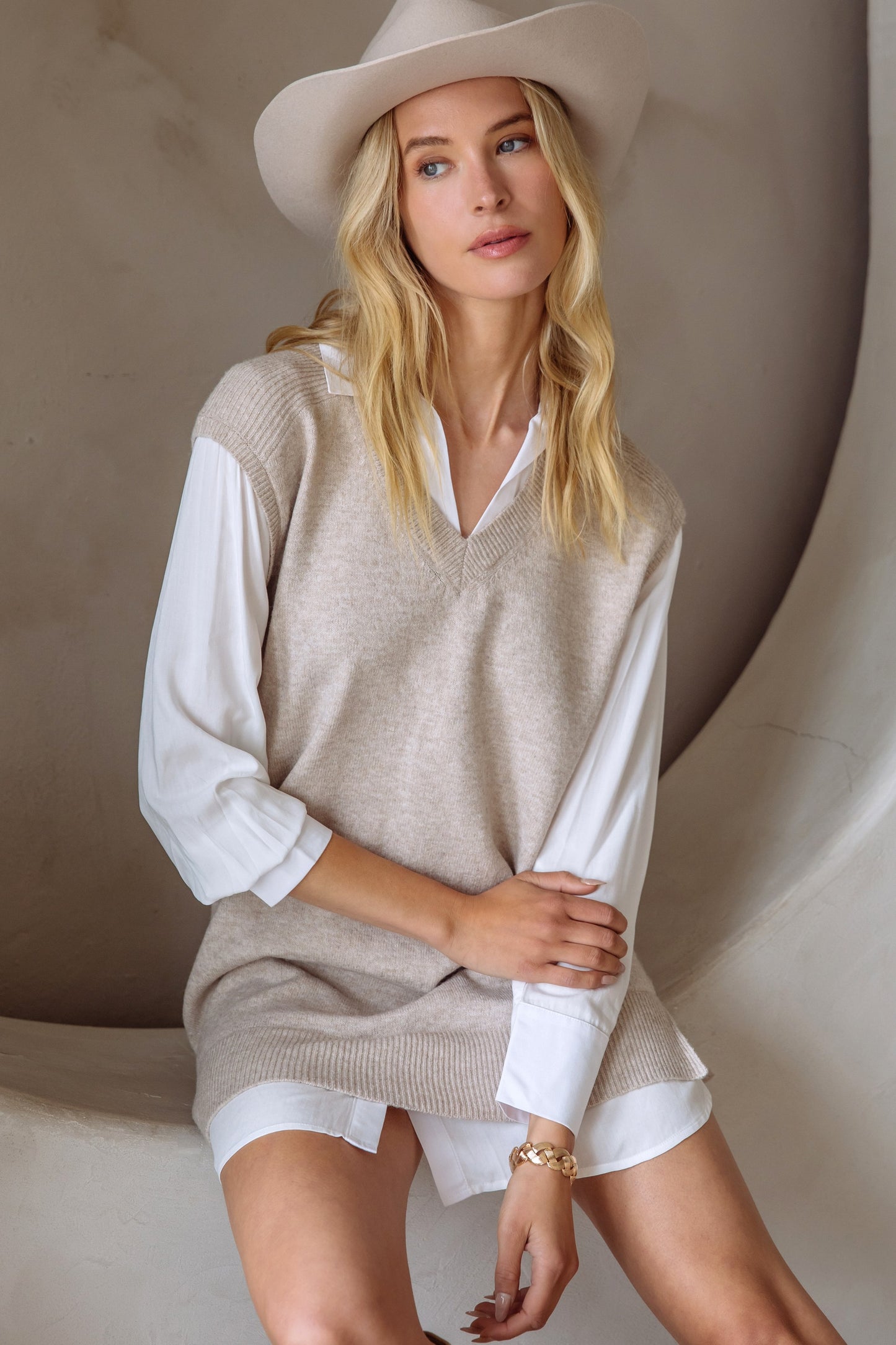 Beige & Cream Mixed Media Shirt Dress