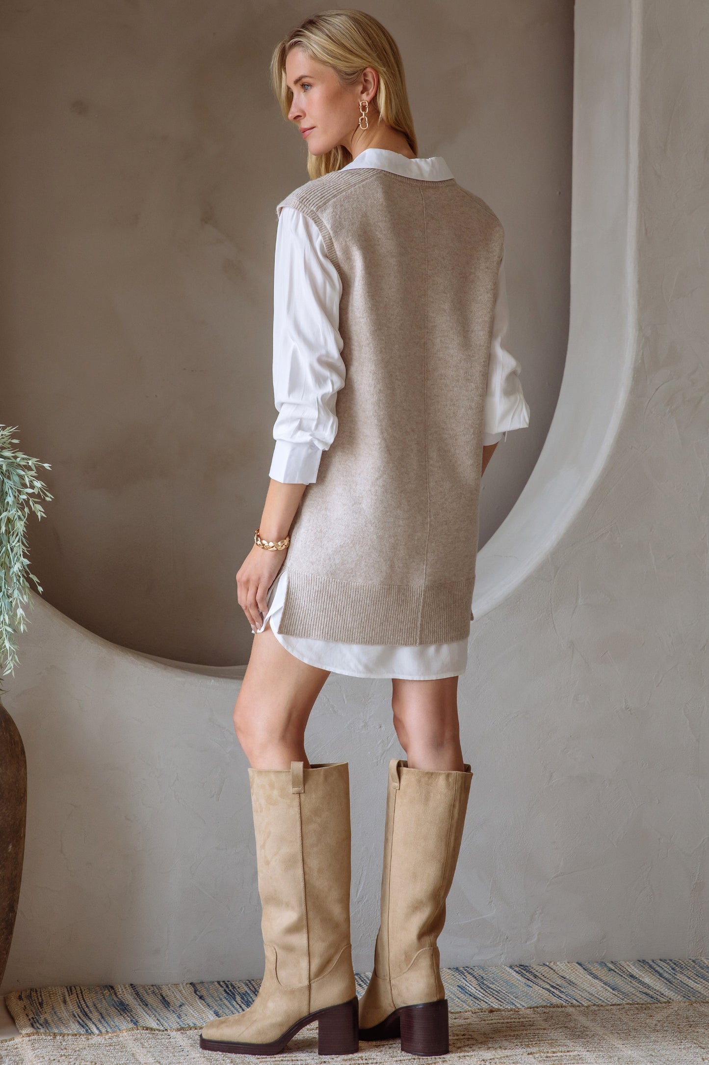 Beige & Cream Mixed Media Shirt Dress
