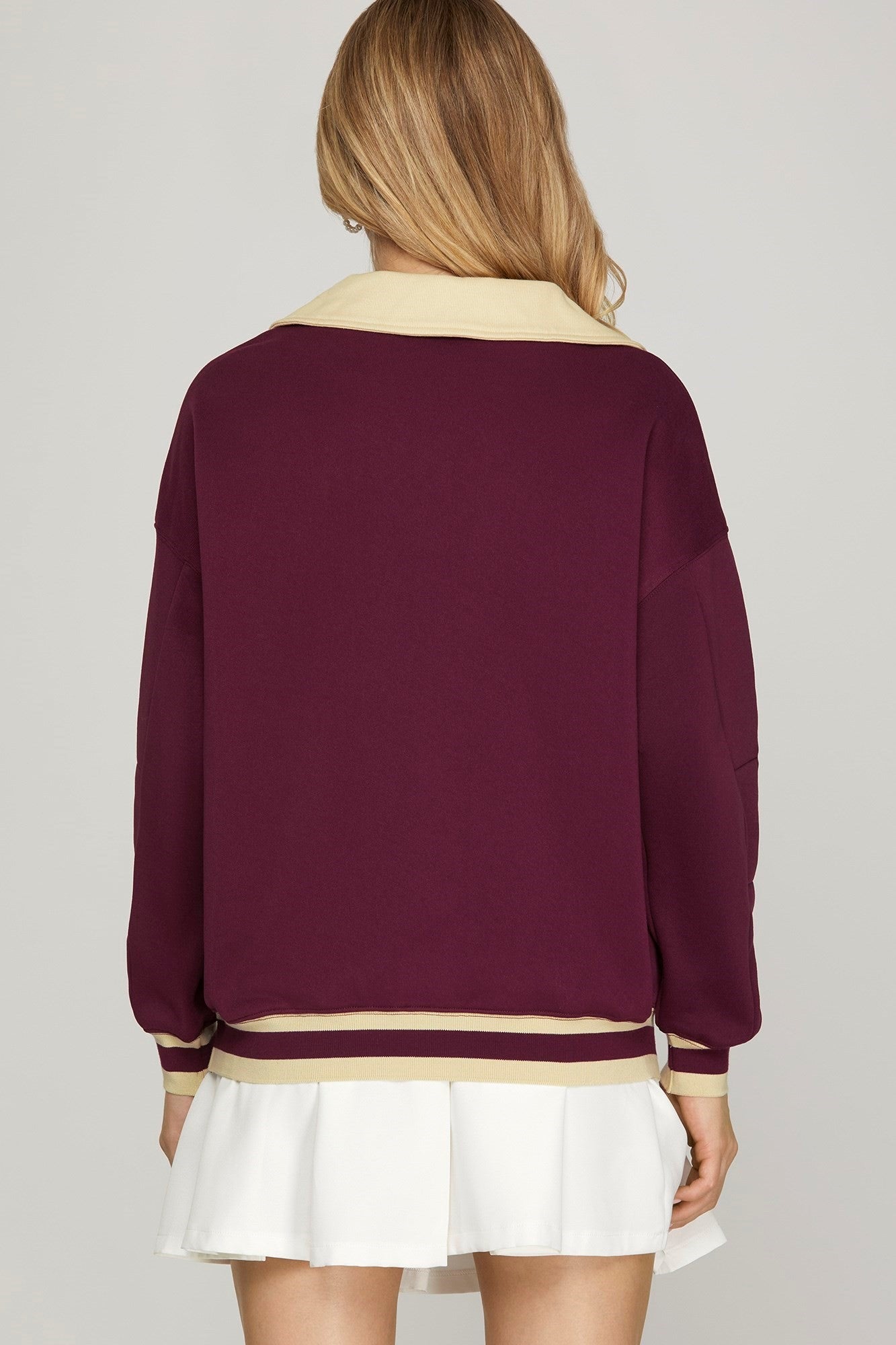 Wine V-Neck Contrasting Pull Over Top