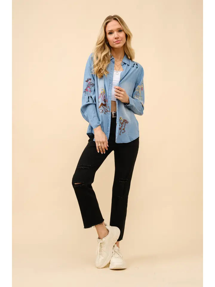 Tencel Western Embroidered Button Up Top