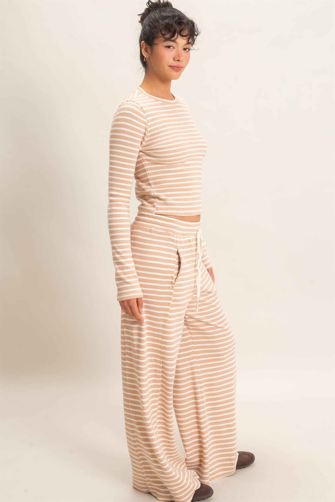Sand Striped Waffle Knit Top & Pant Set