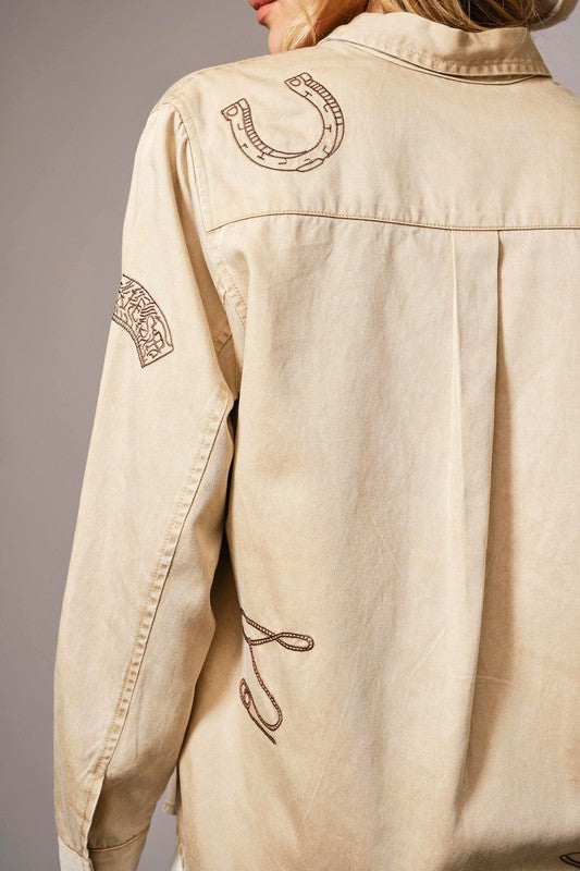 Washed Taupe Western Embroidered Snap Button Top