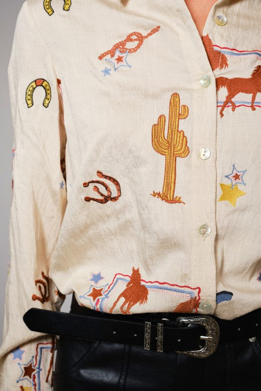 Relaxed Fit Western Embroidered Button Up Top