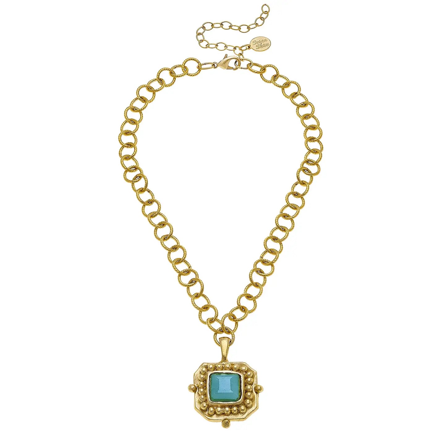 Susan Shaw Gold Chain Necklace with Aqua Crystal Pendant