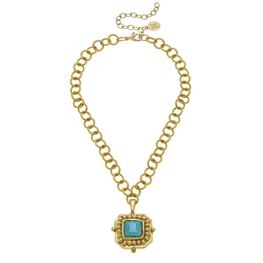 Susan Shaw Gold Chain Necklace with Aqua Crystal Pendant