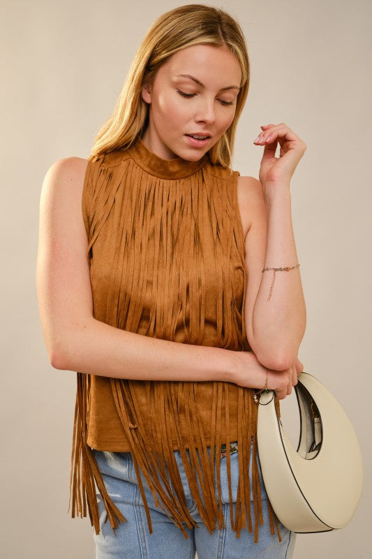 Faux Suede Sleeveless Fringe Top