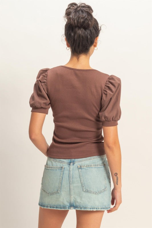 Ribbed Puff Sleeve Scoop Neck Top- Chocolate