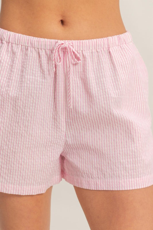 Pink Thin Striped Drawstring Waist Shorts