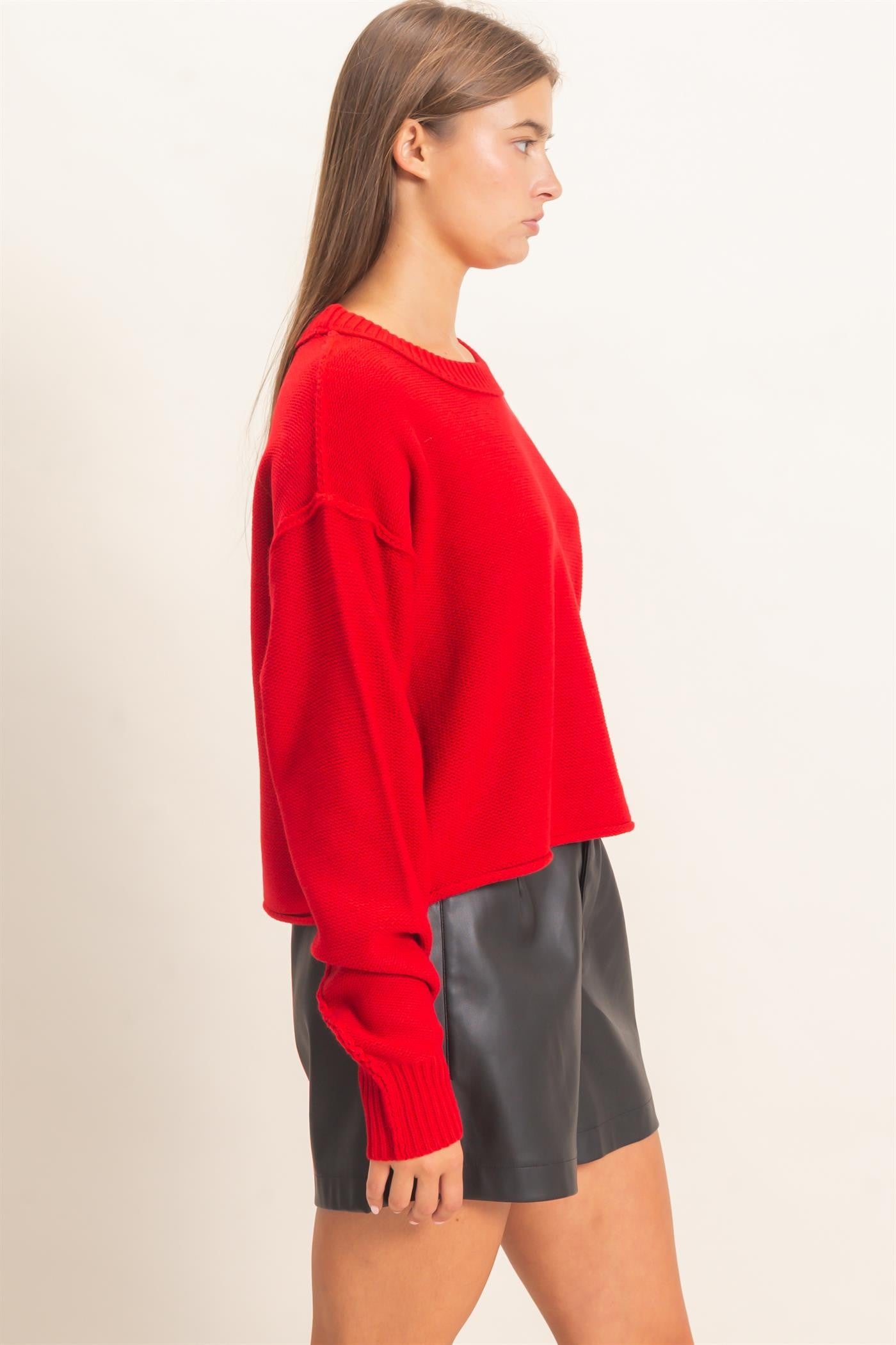 Seam Detail Oversized Sweater- Red