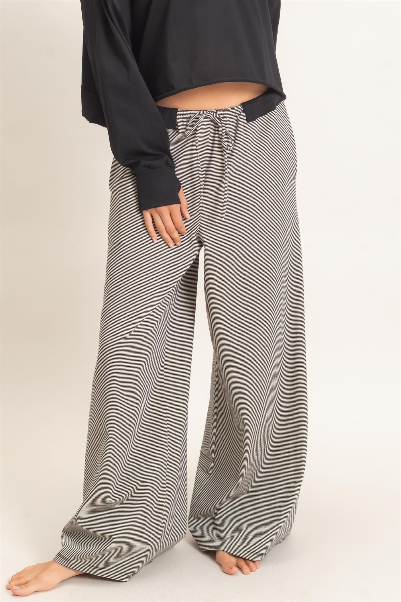 Black Thin Striped Wide Leg Pants