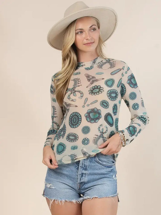 Turquoise Jewels Mesh Long Sleeve Top