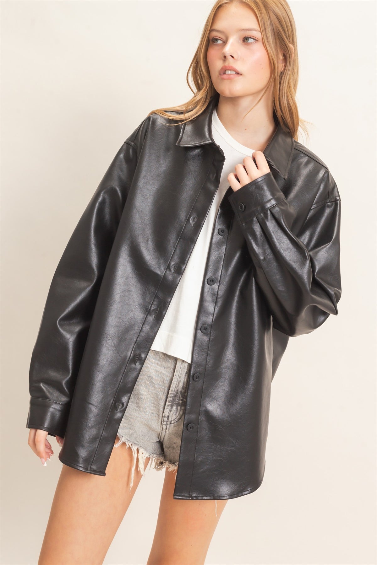 Faux Leather Button-Down Shirt- Black