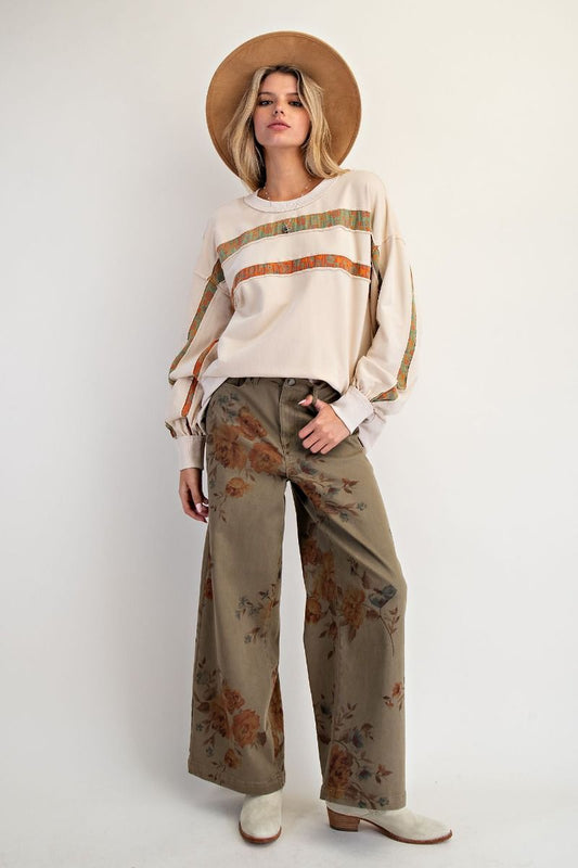 Olive Floral Print Twill Pants