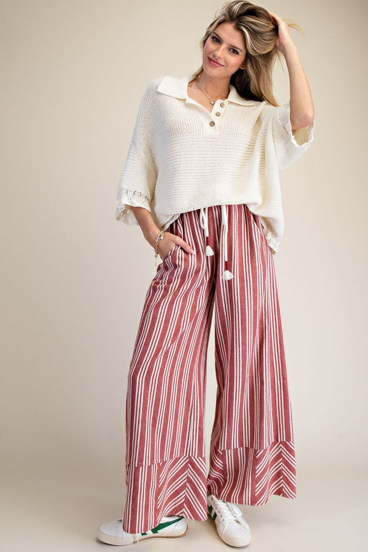Red Striped Linen Washe Palazzo Pants