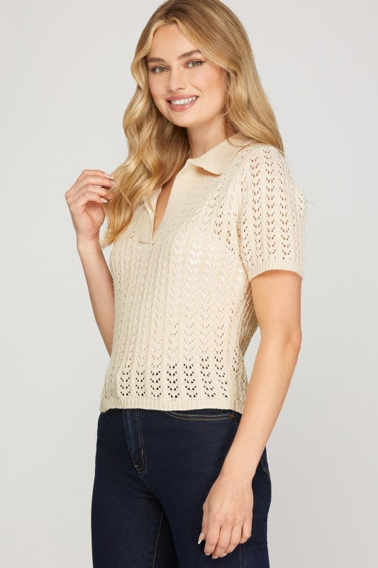 Ecru Short Sleeve Collared Sweater