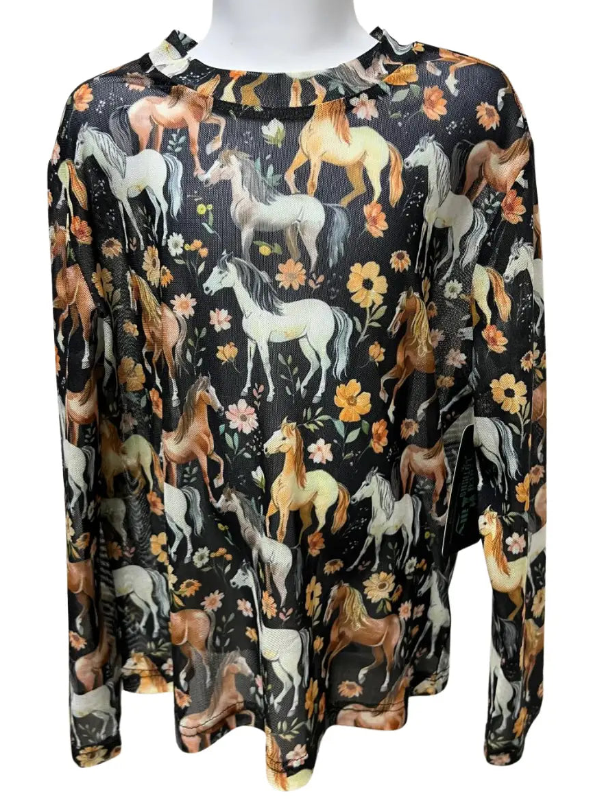 Toddler Floral Horse Mesh Top