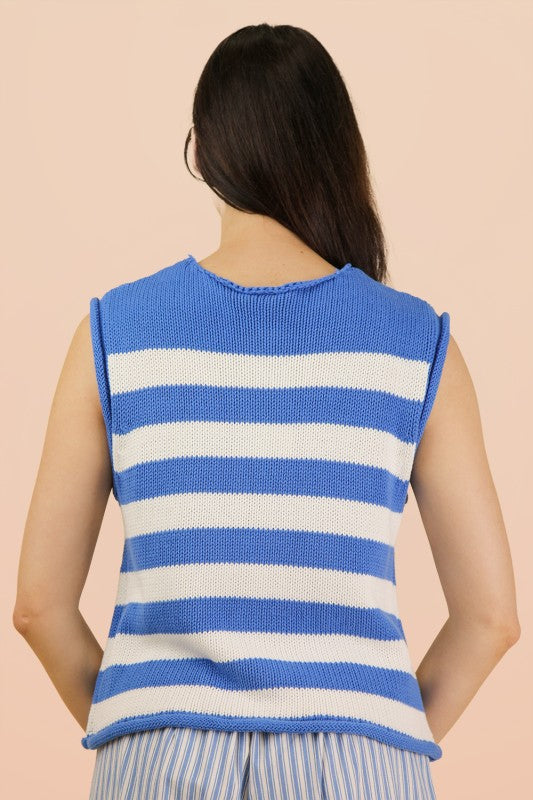 Blue Stripe Button Down Knit Sweater Top