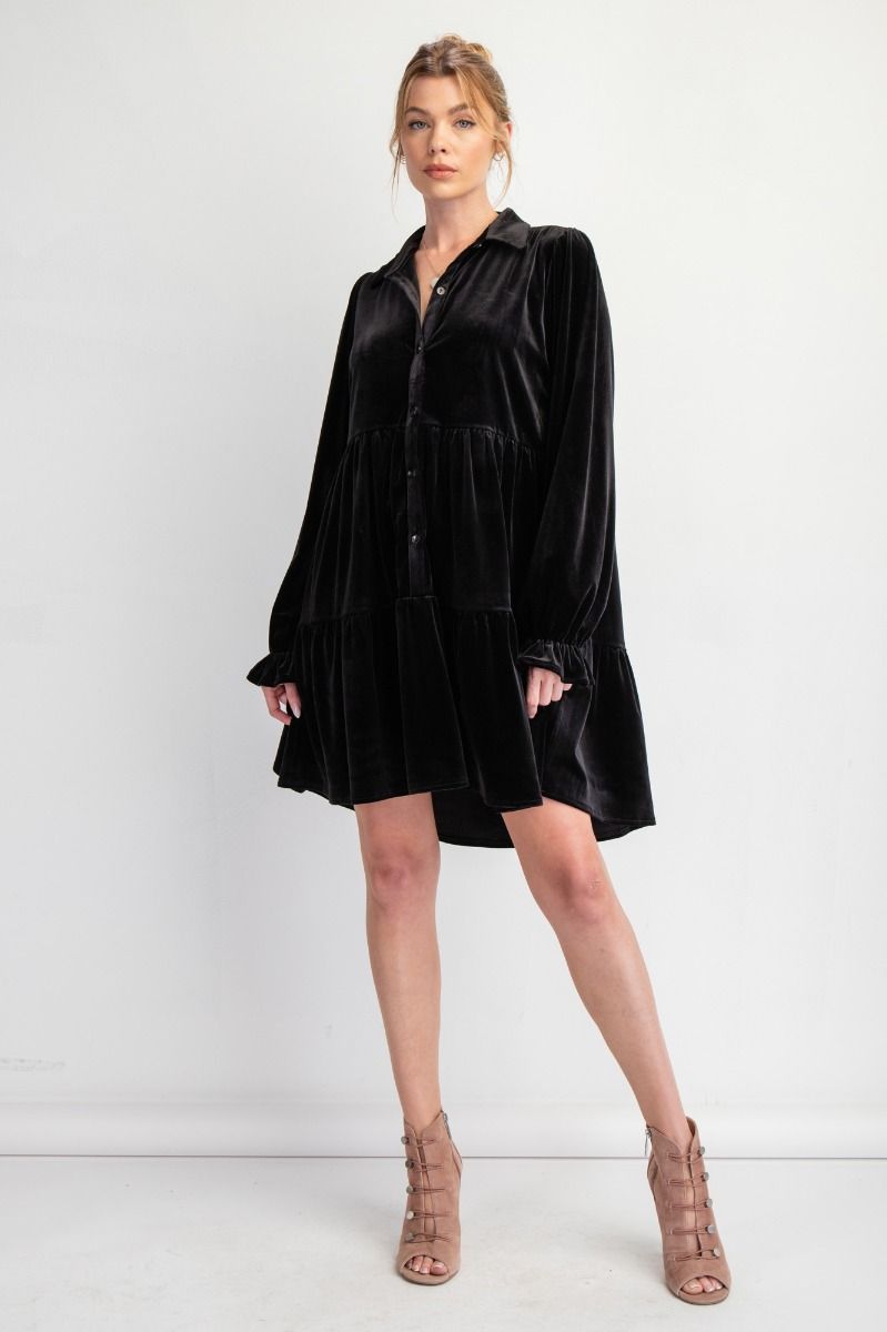 Black Button Down Velvet Dress