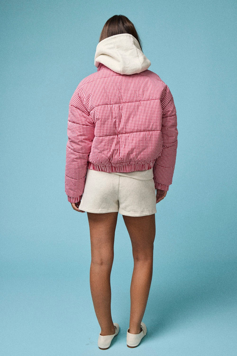 Gingham Zip Up Puffer Jacket- Red & White