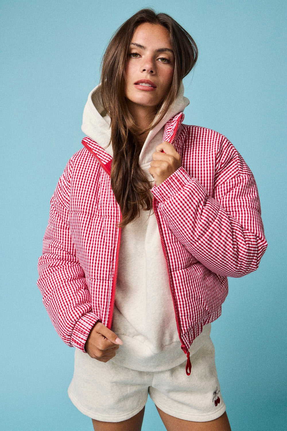Gingham Zip Up Puffer Jacket- Red & White