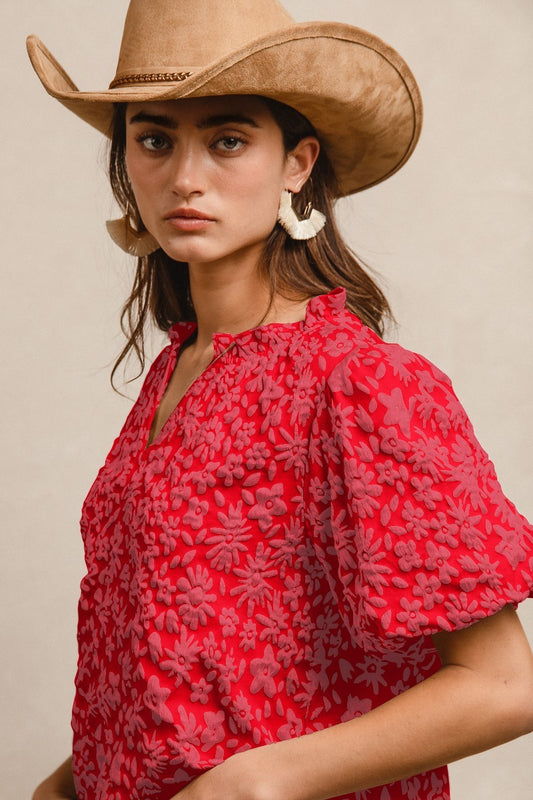 Red Floral Pattern Balloon Sleeve Top