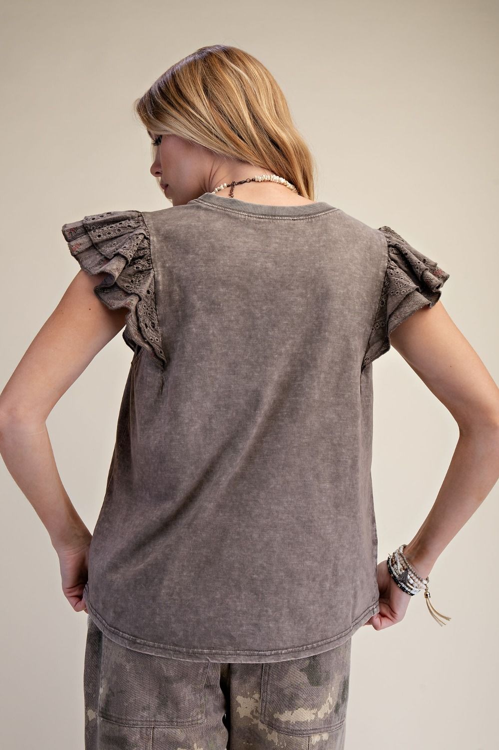 Mocha Double Wing Sleeve Washed Cotton Top