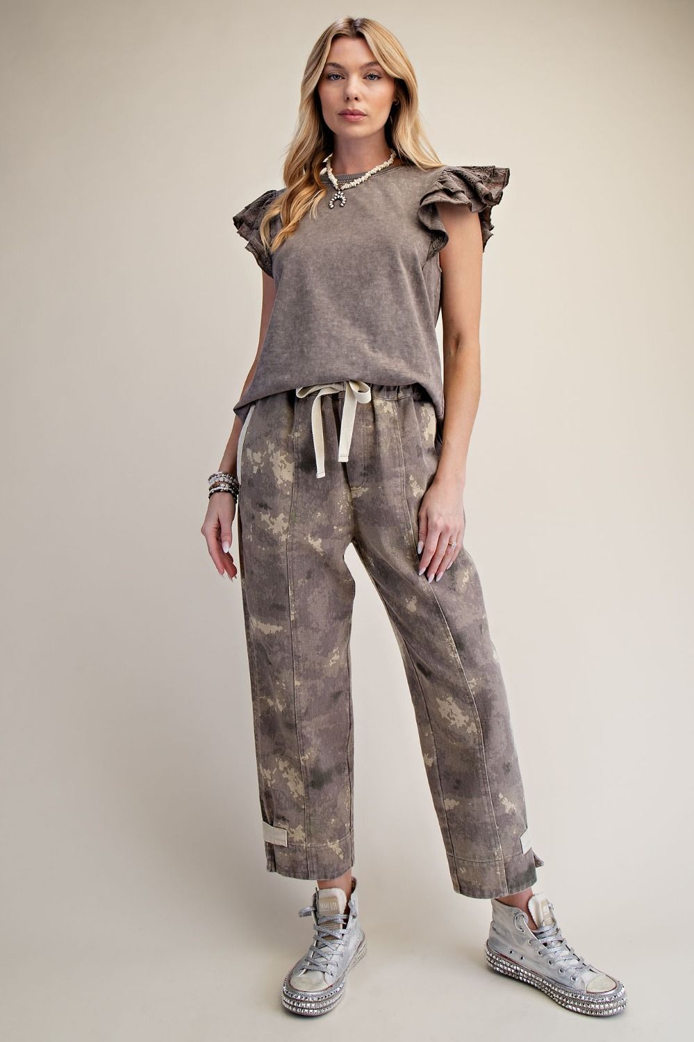 Mocha Double Wing Sleeve Washed Cotton Top