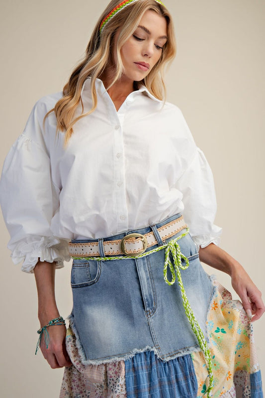 White 3/4 SLEEVES BUTTON DOWN POPLIN SHIRT