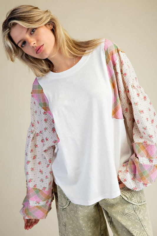 Mixed Print Washed Cotton Slub Top