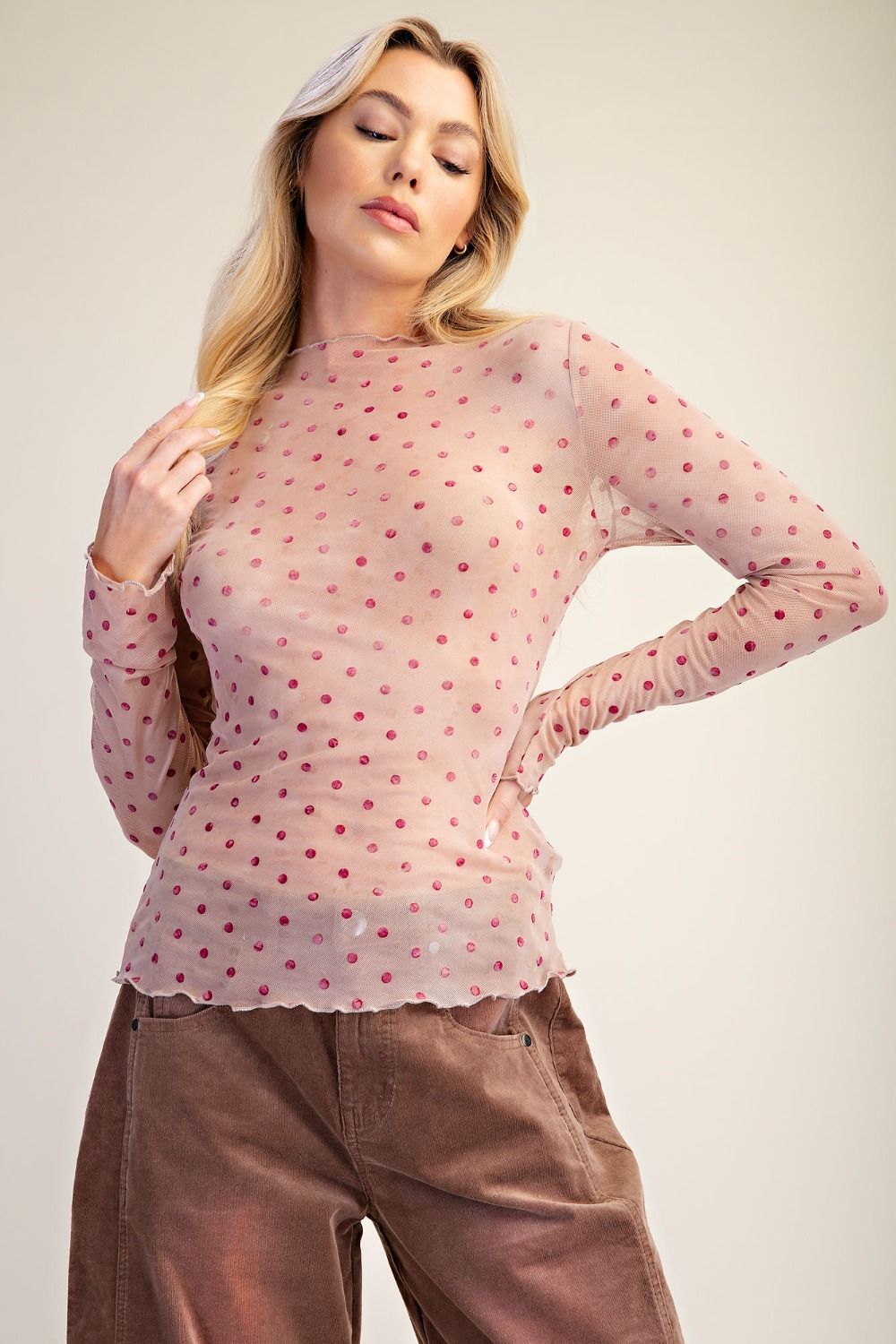 Peach Slush Polka Dot Mesh top
