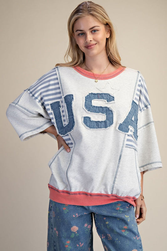 Denim Blue USA Patch & Stripe Terry Pullover