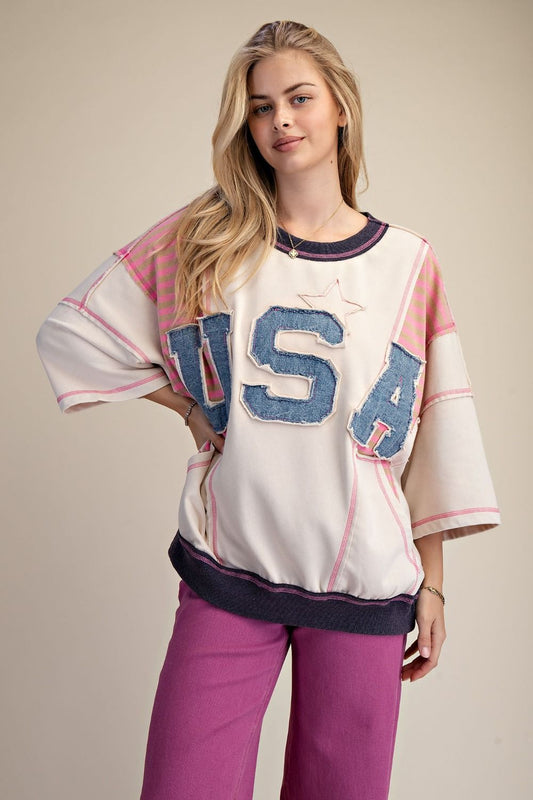 Pink USA Patch & Stripe Terry Pullover