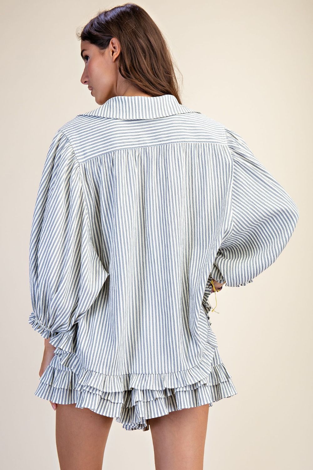 Blue Striped Button Down Shirt with Ruffled Hem