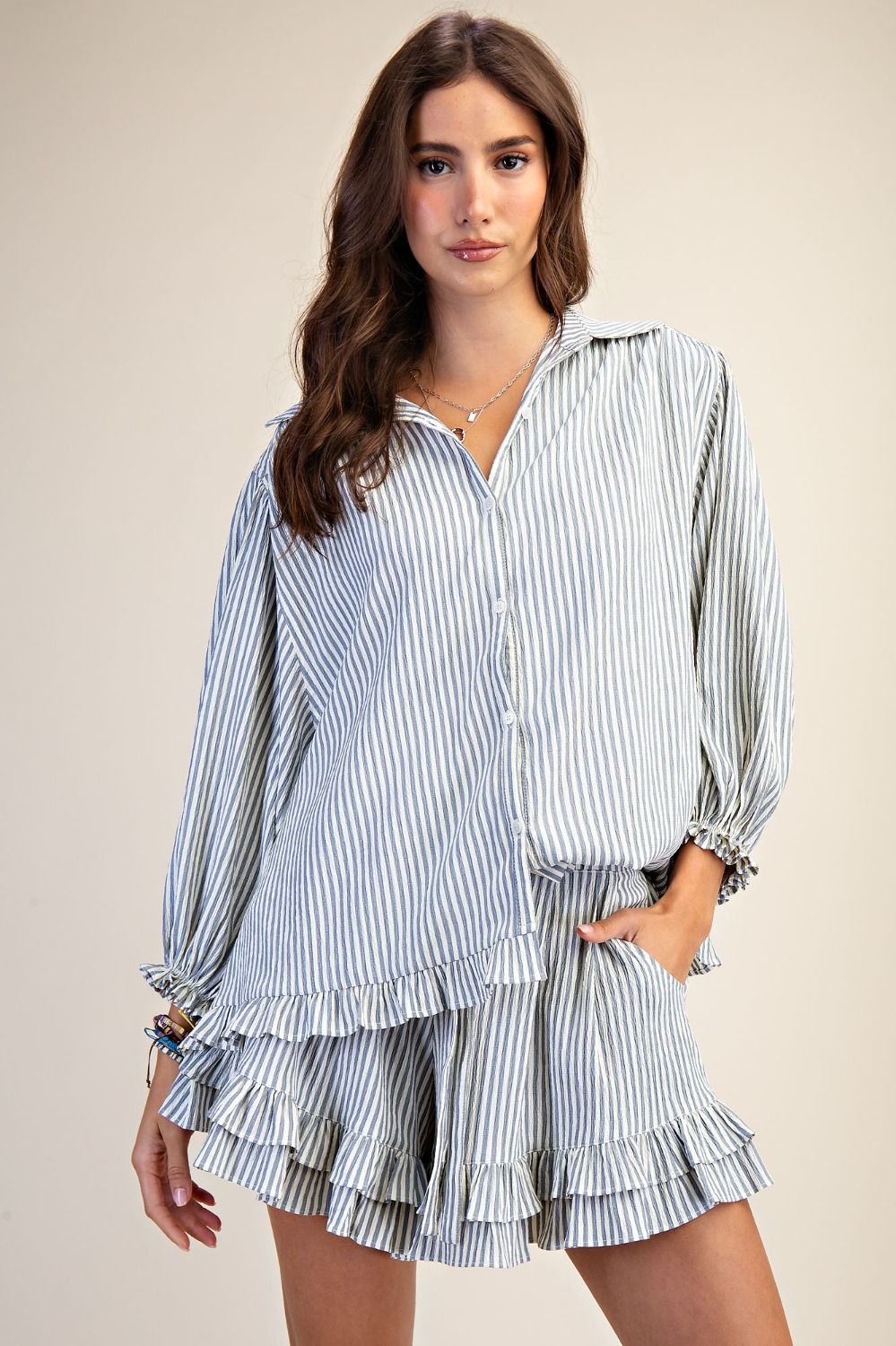 Blue Striped Button Down Shirt with Ruffled Hem